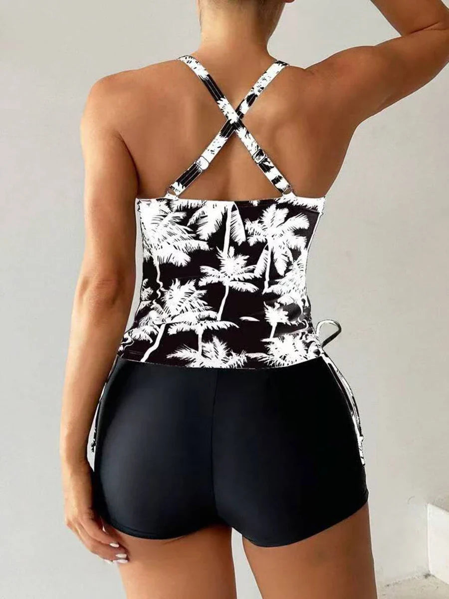 Maya | Dames Tankini Tweedelig Palmprint Criss-Cross Boyshort Strand