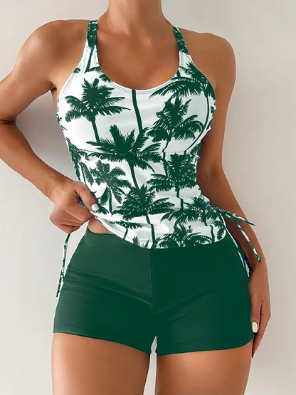 Maya | Dames Tankini Tweedelig Palmprint Criss-Cross Boyshort Strand