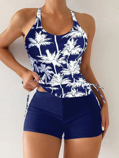 Maya | Dames Tankini Tweedelig Palmprint Criss-Cross Boyshort Strand