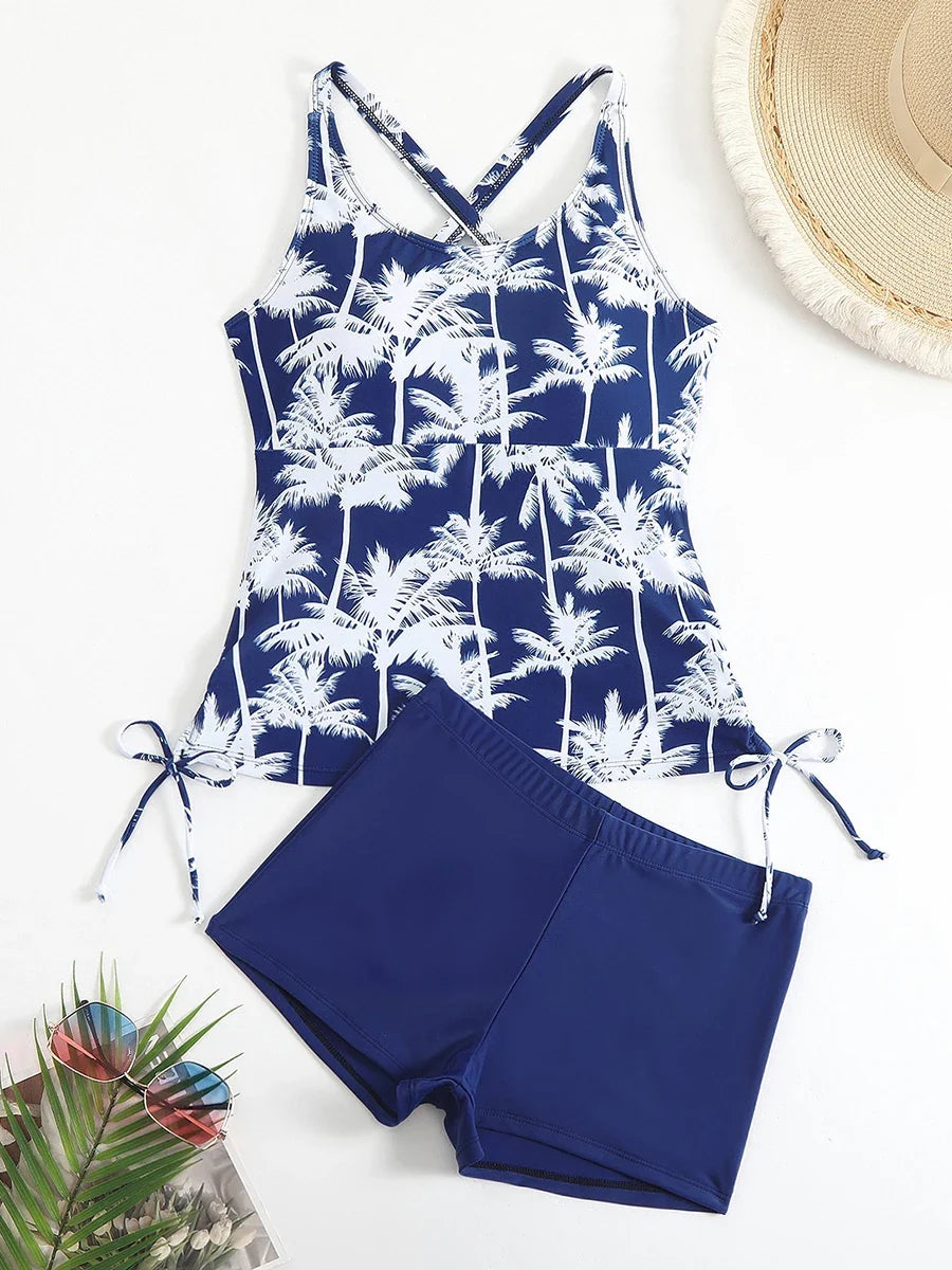 Maya | Dames Tankini Tweedelig Palmprint Criss-Cross Boyshort Strand