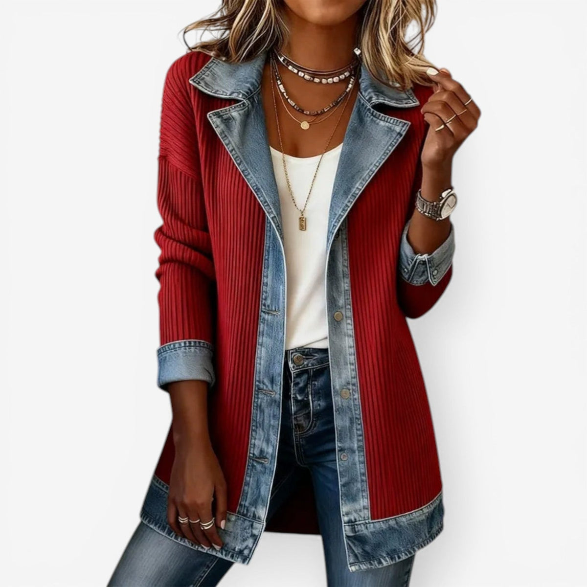 Soretta | Textured Denim-Trim Open-Front Jacket