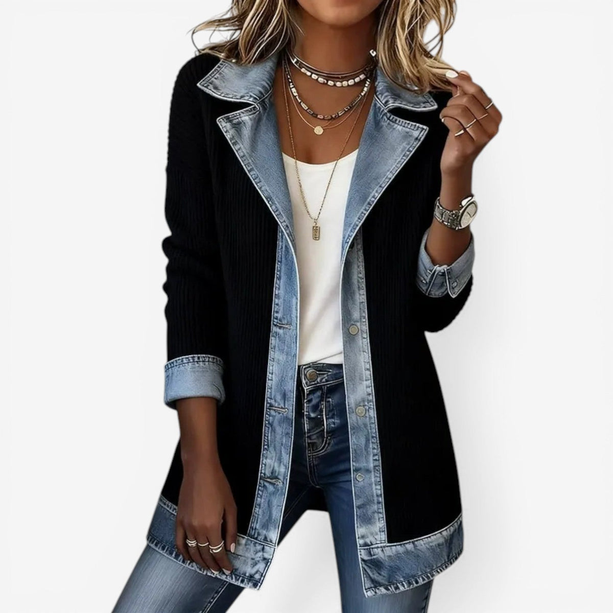 Soretta | Textured Denim-Trim Open-Front Jacket