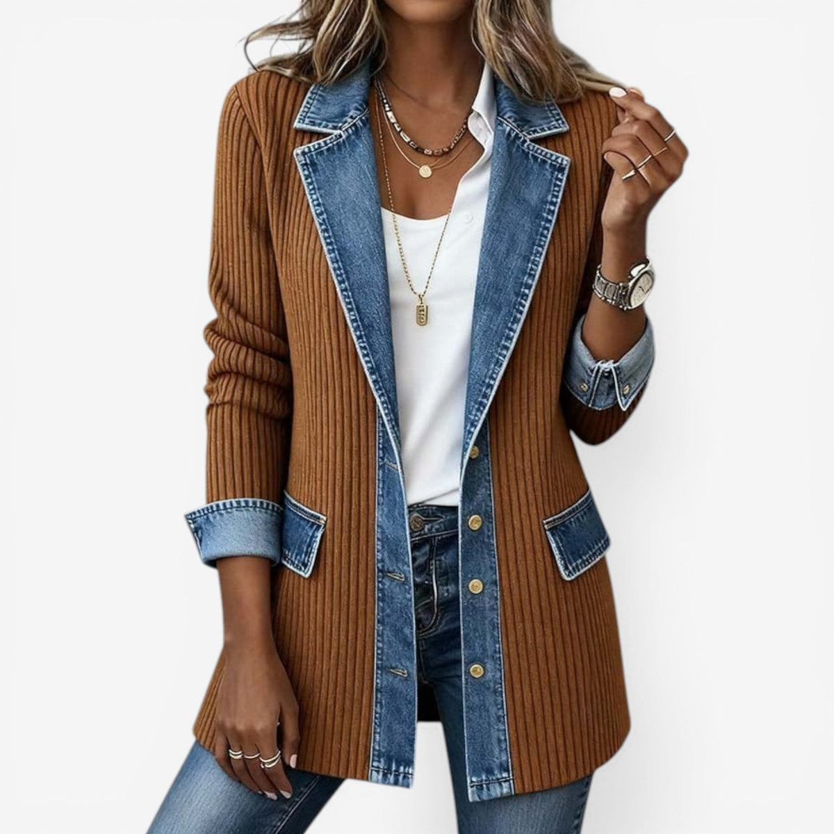 Soretta | Textured Denim-Trim Open-Front Jacket