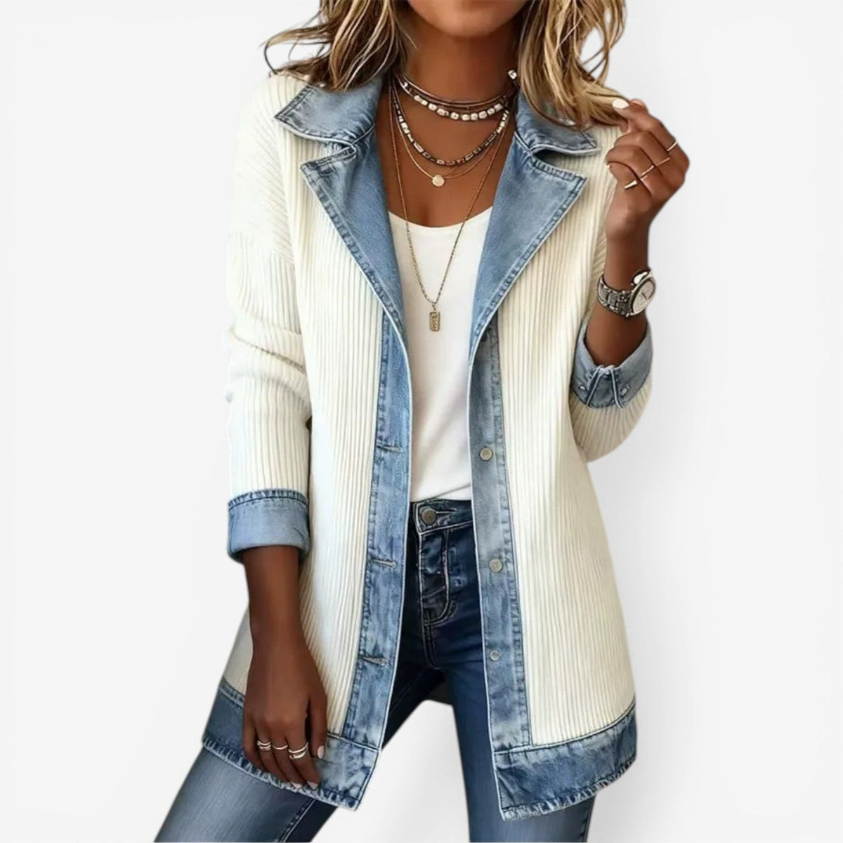 Soretta | Textured Denim-Trim Open-Front Jacket