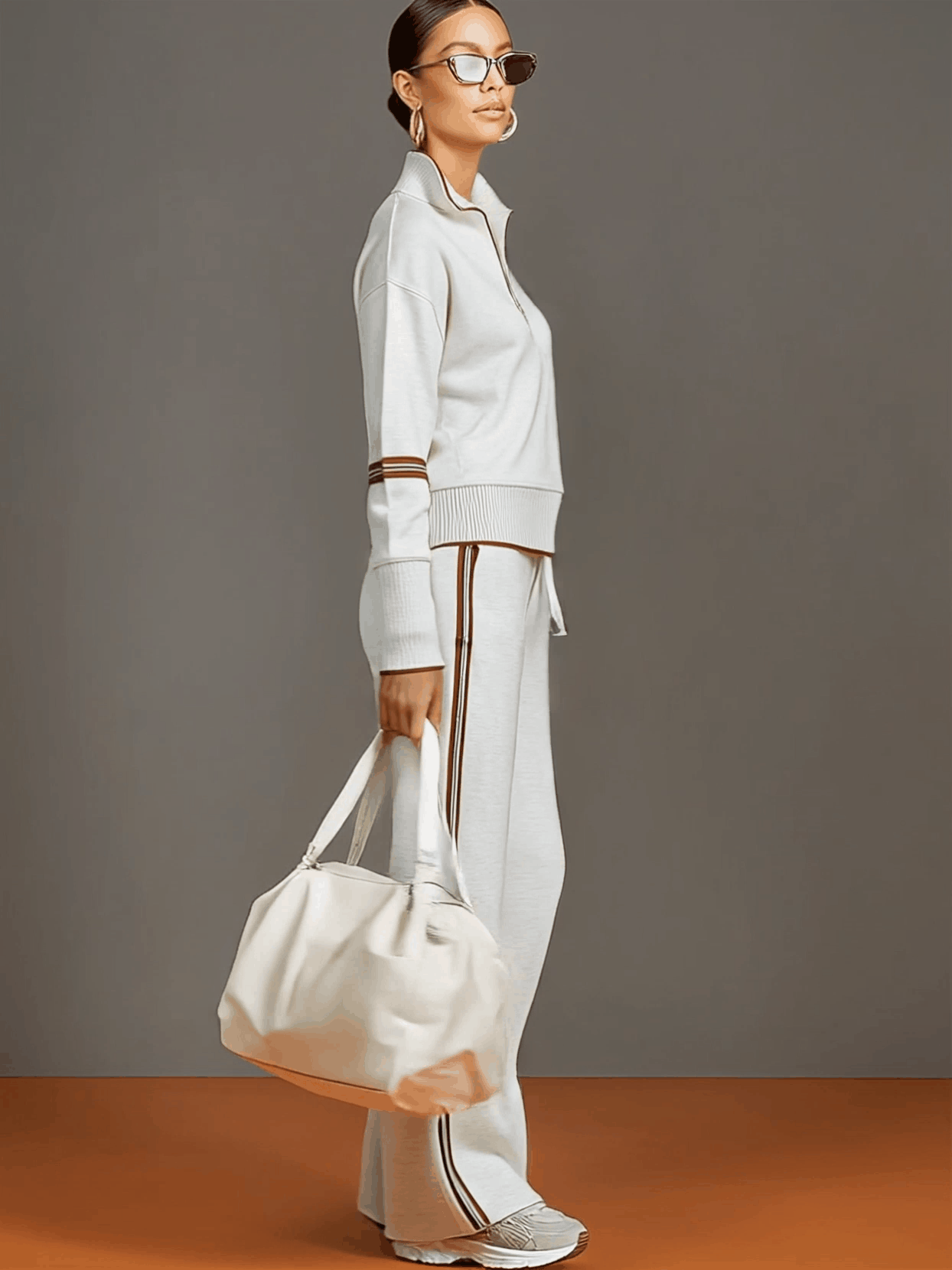 Grey-White Half-Zip Sweatshirt & Wide-Leg Trousers Set
