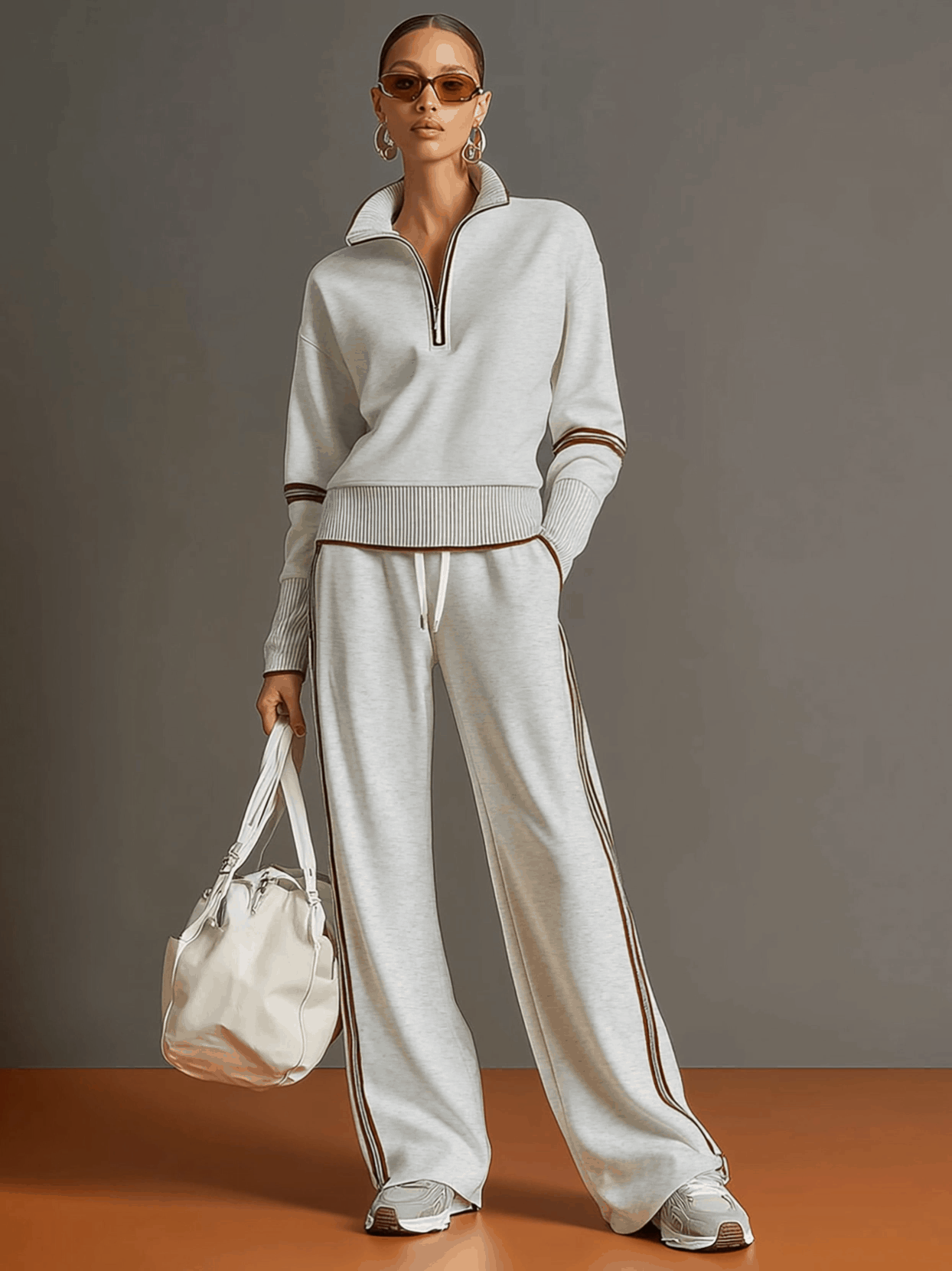 Grey-White Half-Zip Sweatshirt & Wide-Leg Trousers Set