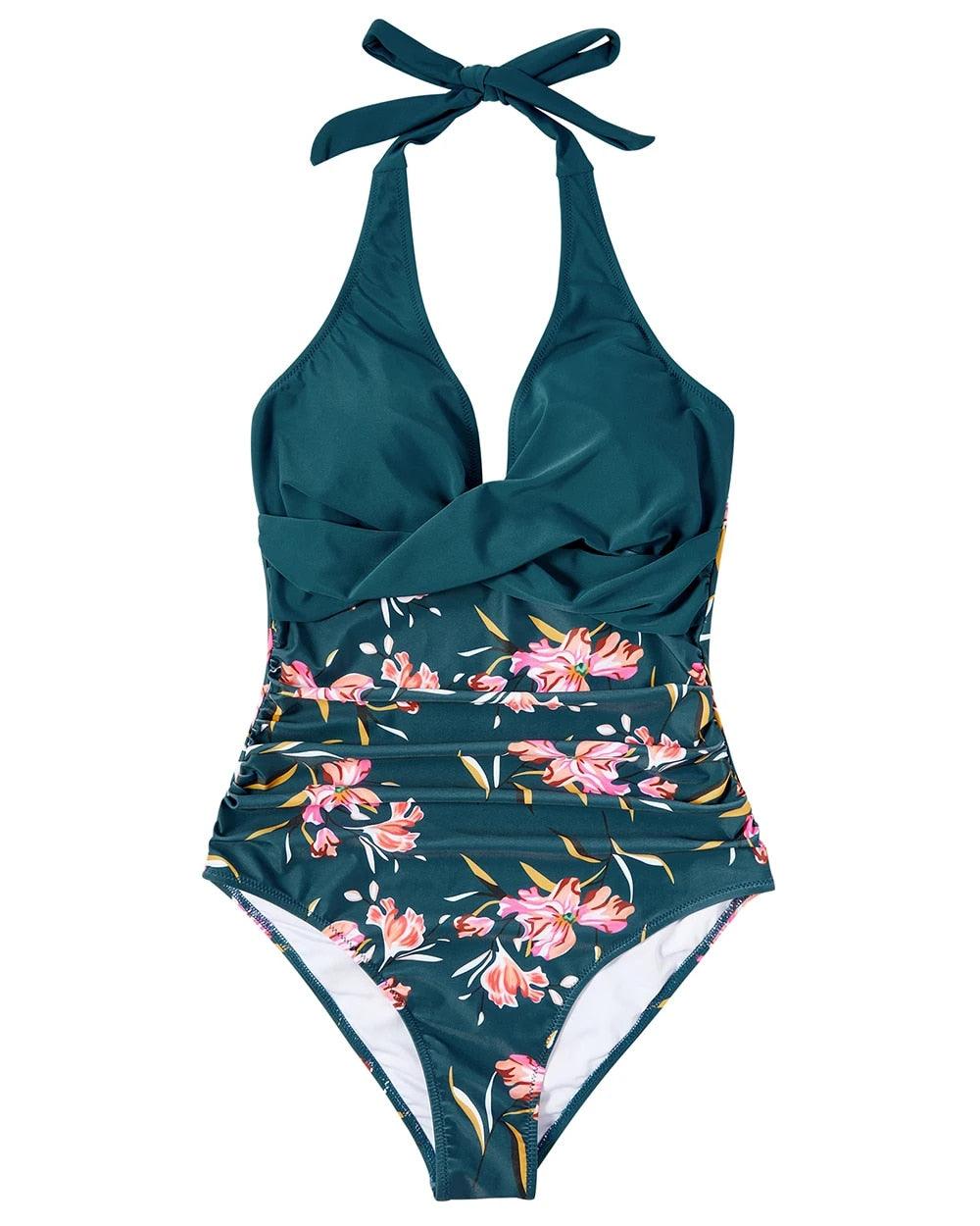 Roos | Dames Badpak Halter V hals Rugloos Tropische Print Zomer