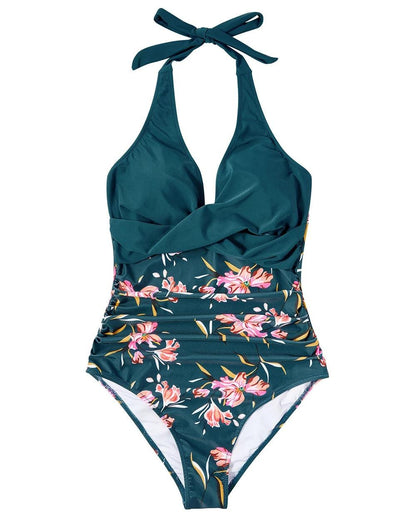 Roos | Dames Badpak Halter V hals Rugloos Tropische Print Zomer