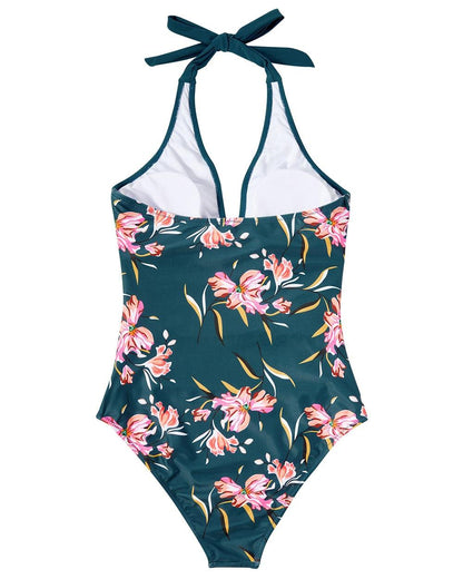 Roos | Dames Badpak Halter V hals Rugloos Tropische Print Zomer