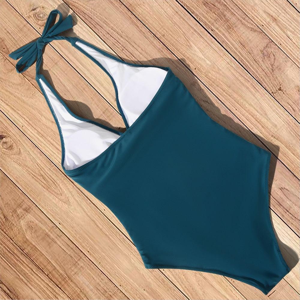 Roos | Dames Badpak Halter V hals Rugloos Tropische Print Zomer