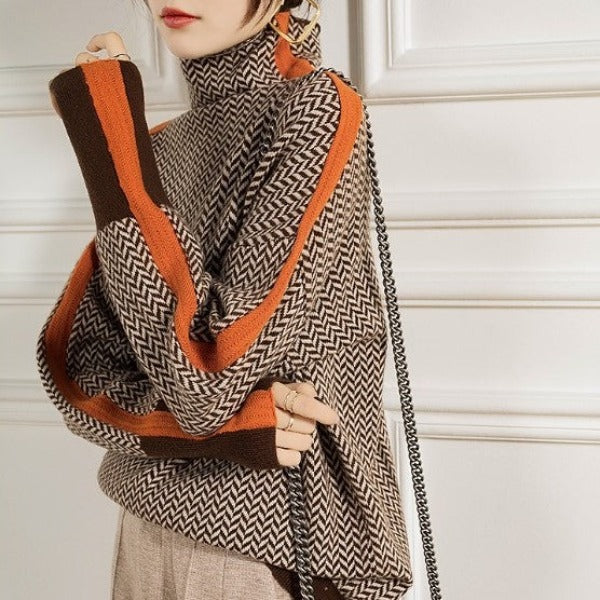 JANELLE – HERRINGBONE HIGH-NECK SWEATER