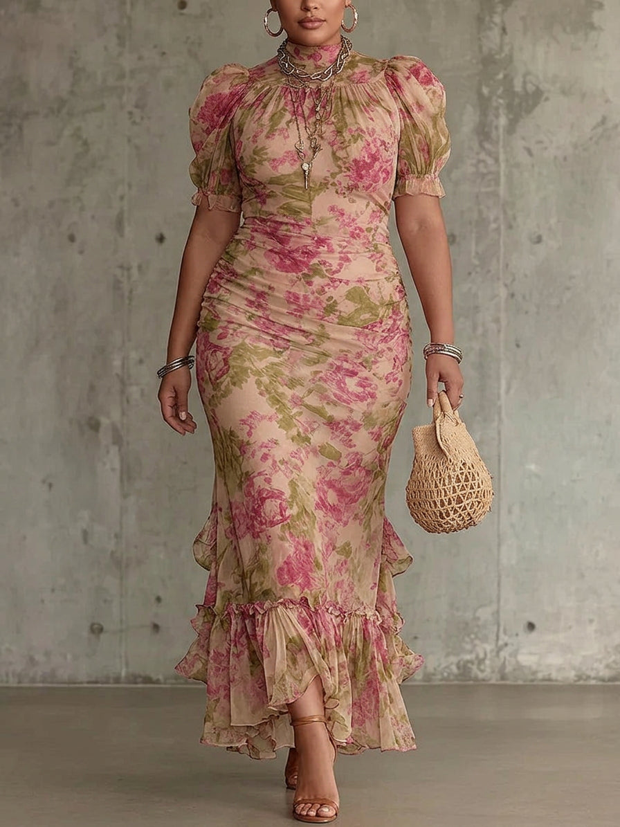 Vintage Rose Print Maxi Dress With Puff Sleeves (Accessories not included)