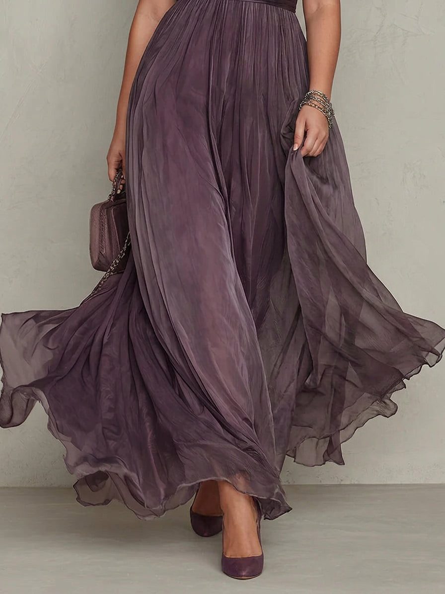 Purple Keyhole Neckline Chiffon Lace Trim Maxi Dress
