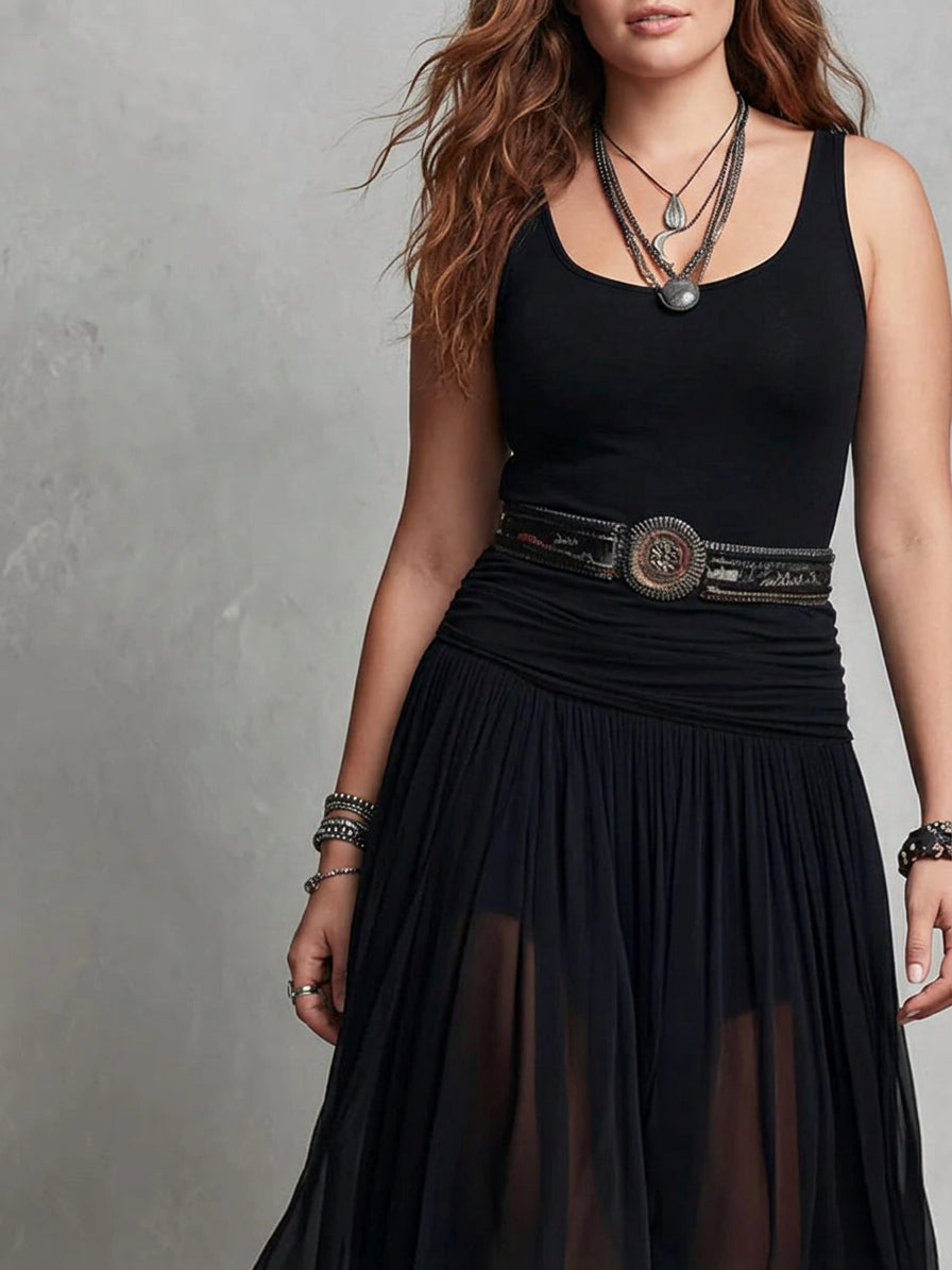 Black Sleeveless Tank Top With Tulle Skirt Maxi Dress (with belt)