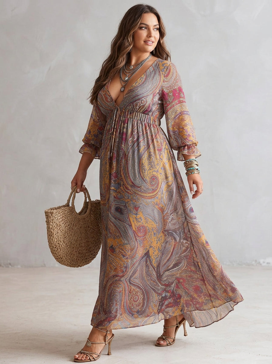 Paisley Print V-neck Gathered Chiffon Maxi Dress