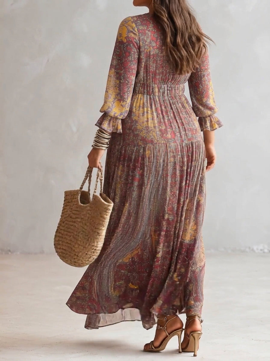 Paisley Print V-neck Gathered Chiffon Maxi Dress
