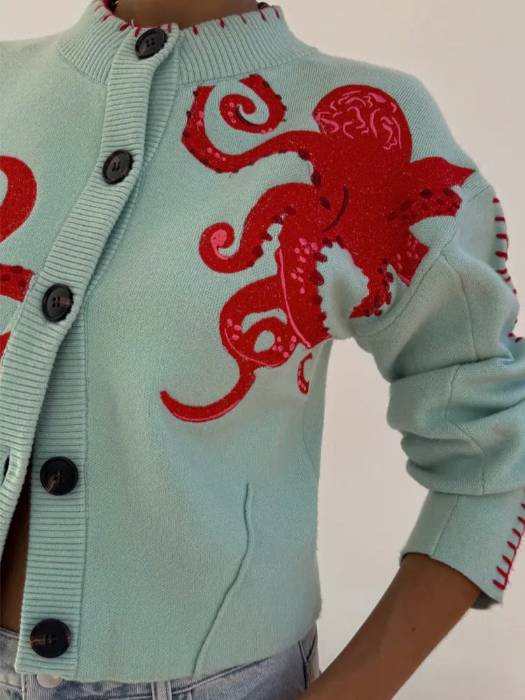 Octopus Pattern Button-Front Cardigan