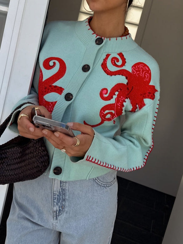 Octopus Pattern Button-Front Cardigan