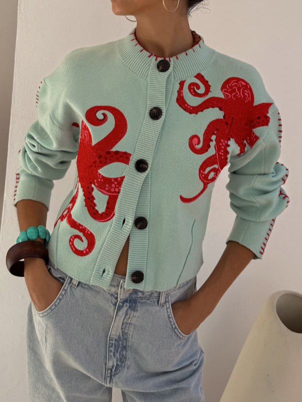 Octopus Pattern Button-Front Cardigan
