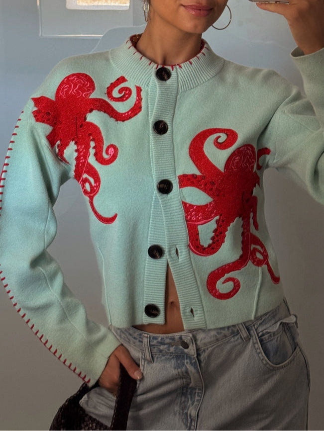 Octopus Pattern Button-Front Cardigan