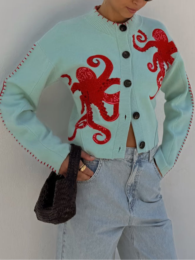 Octopus Pattern Button-Front Cardigan