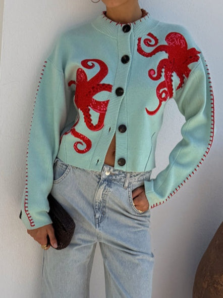 Octopus Pattern Button-Front Cardigan