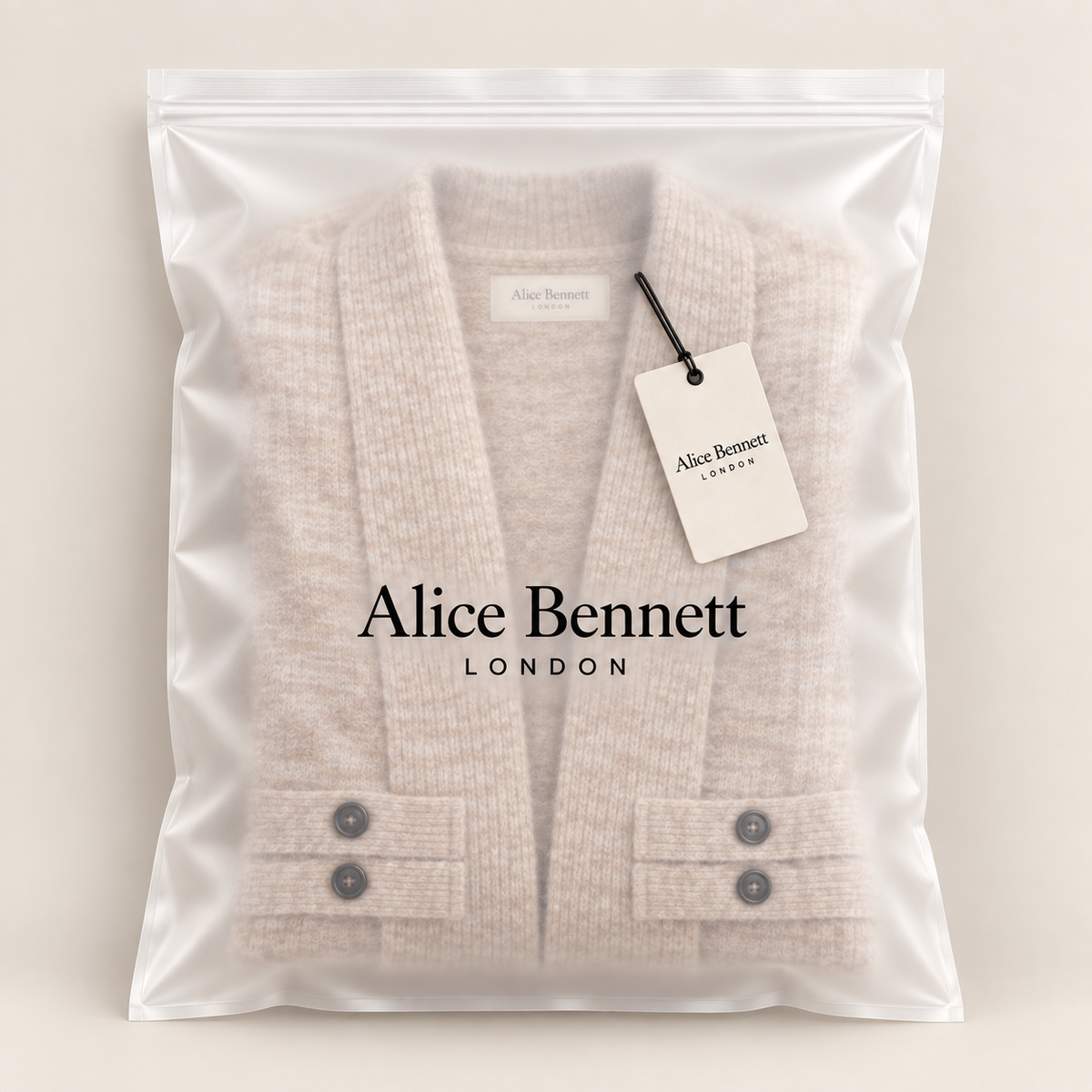 Aafke beige longline ribbed cardigan in Alice Bennett London packaging