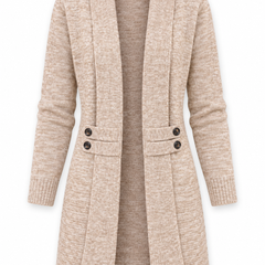 Aafke beige longline ribbed cardigan on white background