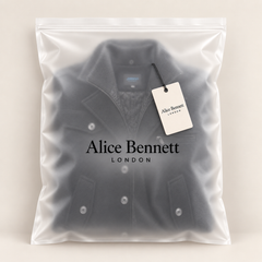 Aaron black wool peacoat in Alice Bennett London packaging