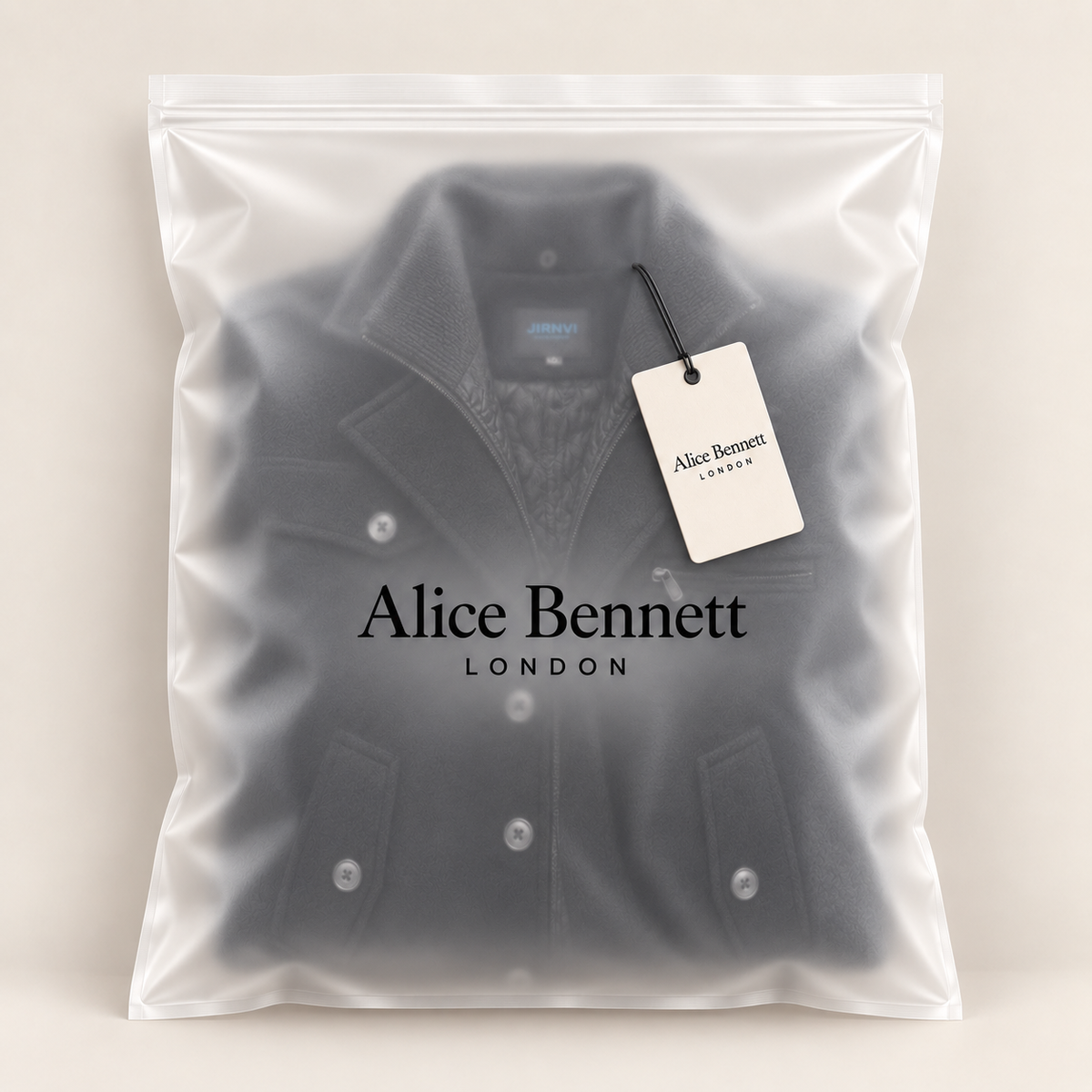 Aaron black wool peacoat in Alice Bennett London packaging