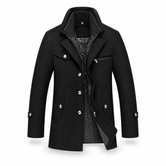 Aaron black wool peacoat on white background