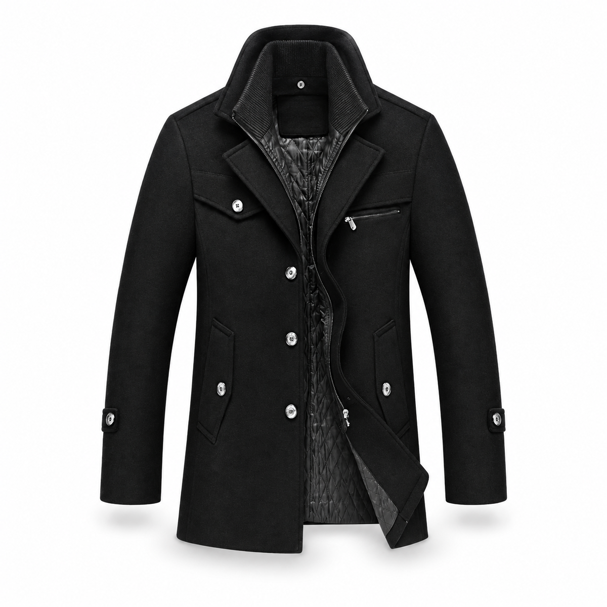 Aaron black wool peacoat on white background