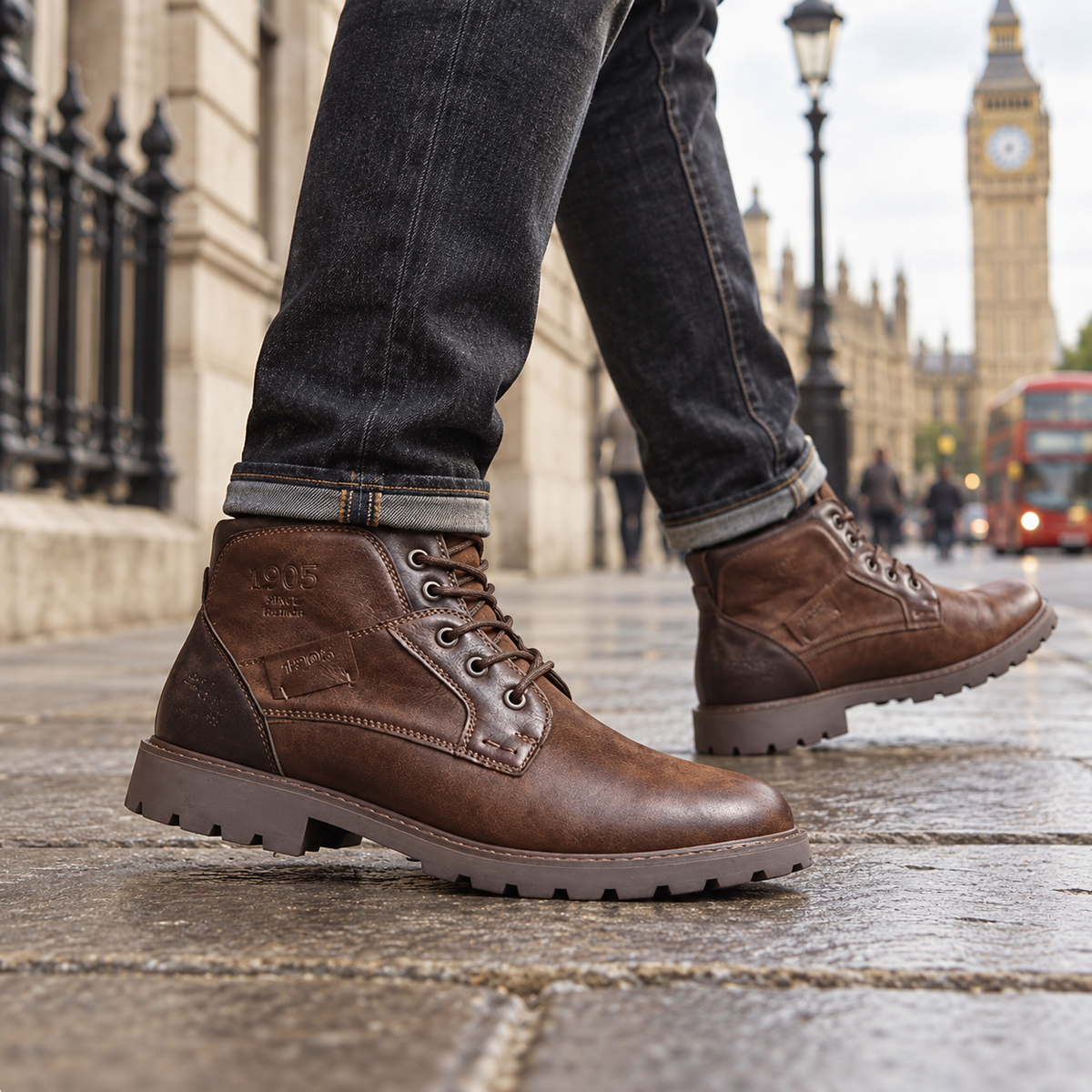Aaron brown vintage leather boots worn on a London street