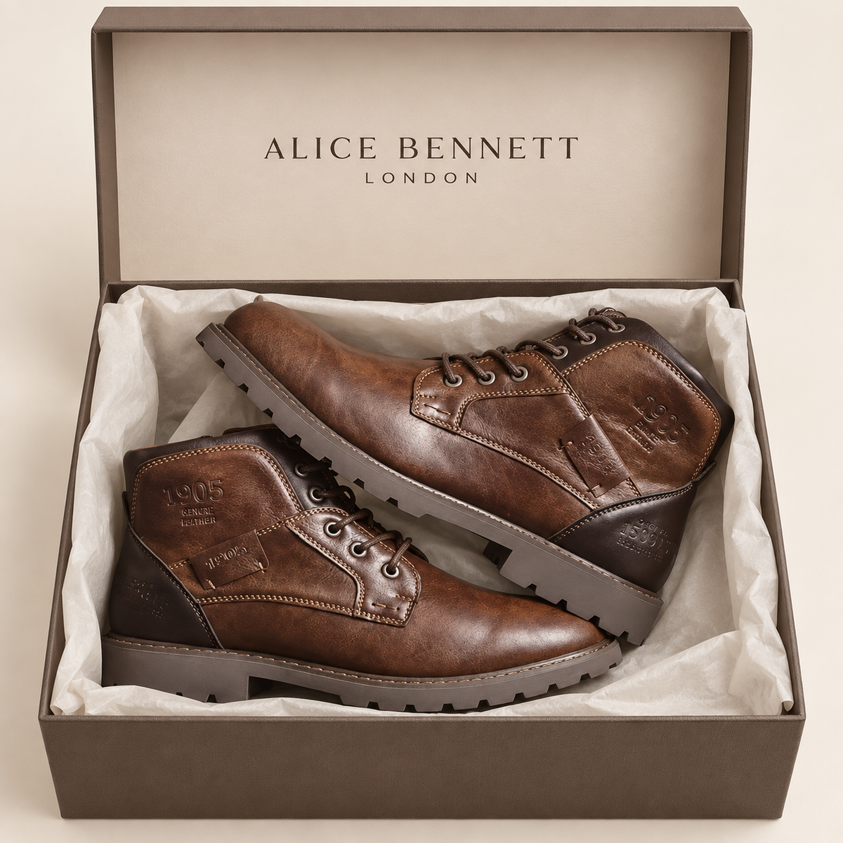 Aaron brown vintage leather boots in an Alice Bennett London shoebox