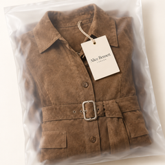 Adeline suede midi shirt dress in Alice Bennett London packaging