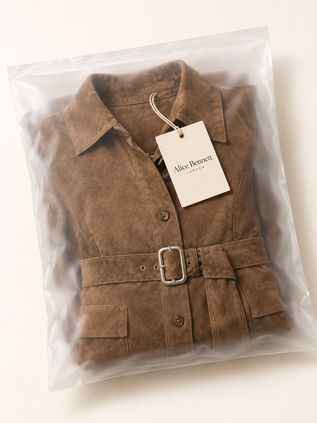 Adeline suede midi shirt dress in Alice Bennett London packaging