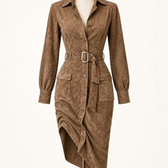 Adeline suede midi shirt dress on a dress form, front view