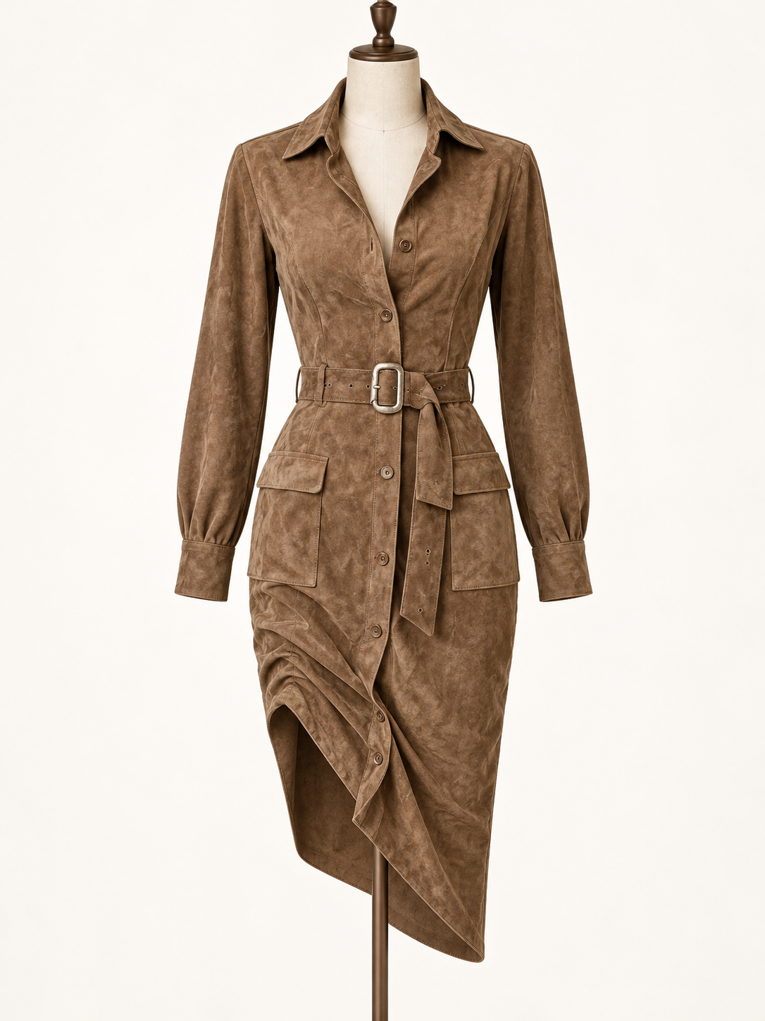 Adeline suede midi shirt dress on a dress form, front view