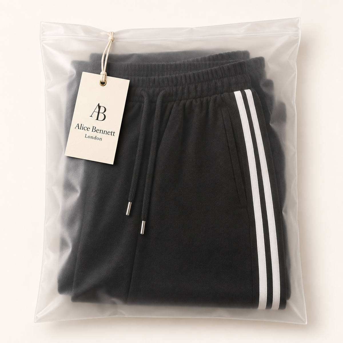 Adorielle black wide-leg trousers in Alice Bennett London packaging