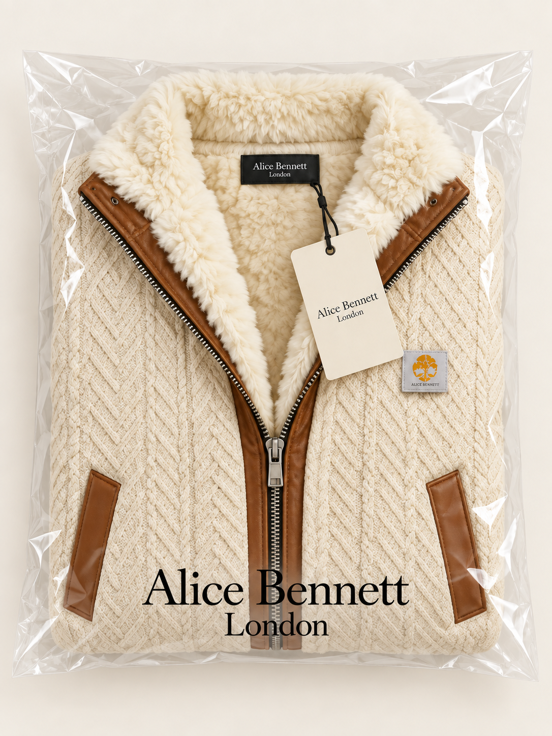 Claudio | Fleece-Lined Cable-Knit Zip Jacket – compactly folded Alice Bennett London packaging