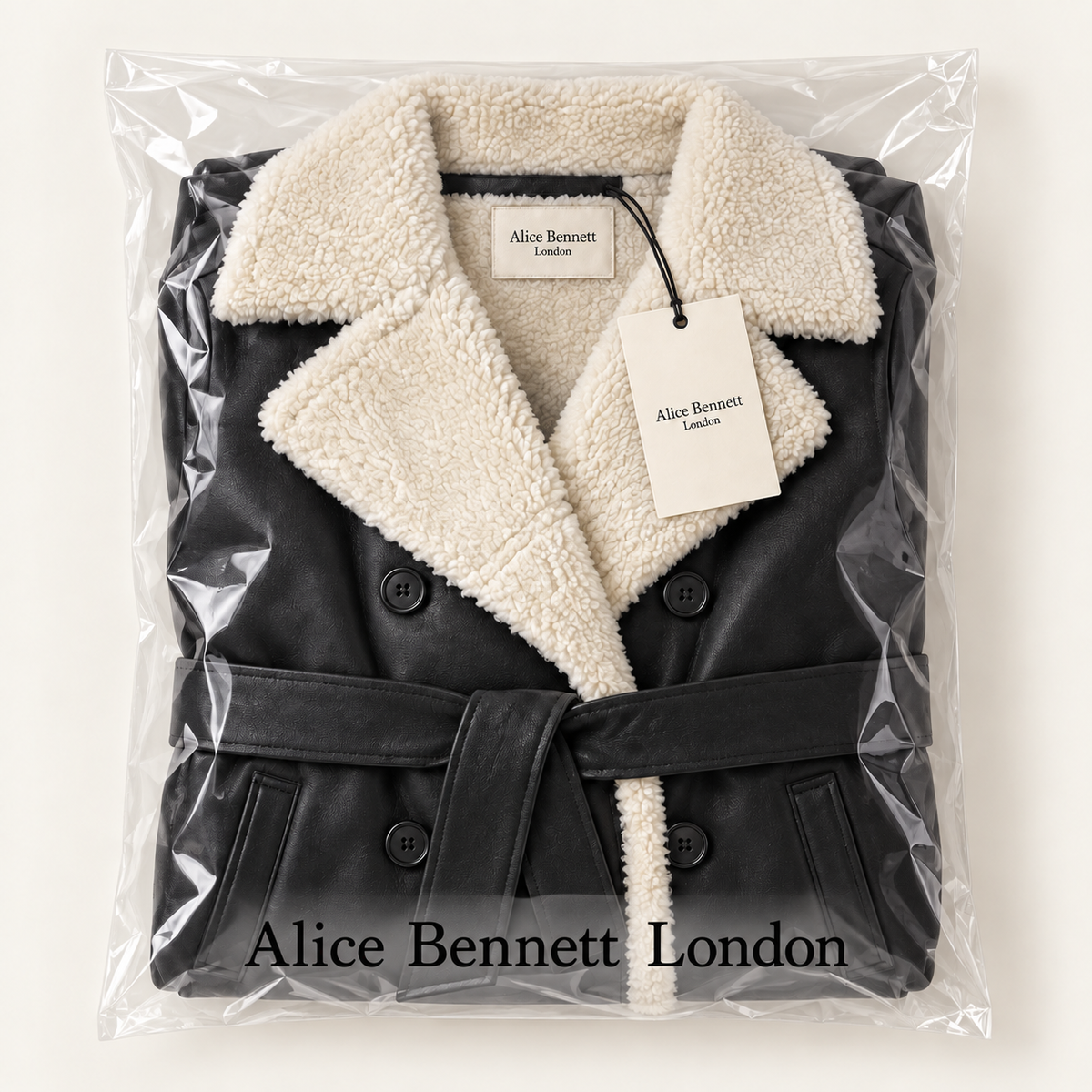 Sherpa-Lined Double-Breasted Trench Coat – compactly folded Alice Bennett London packaging