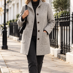 Valentina | High-Collar Button-Front Coat – woman walking in London
