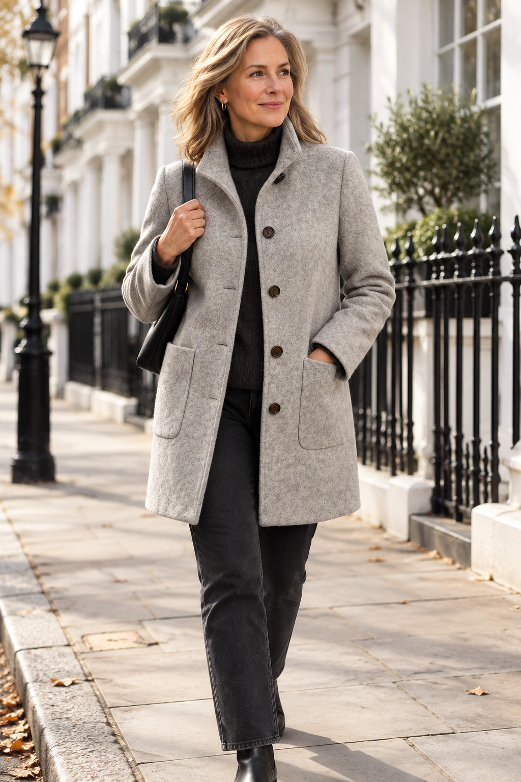 Valentina | High-Collar Button-Front Coat – woman walking in London