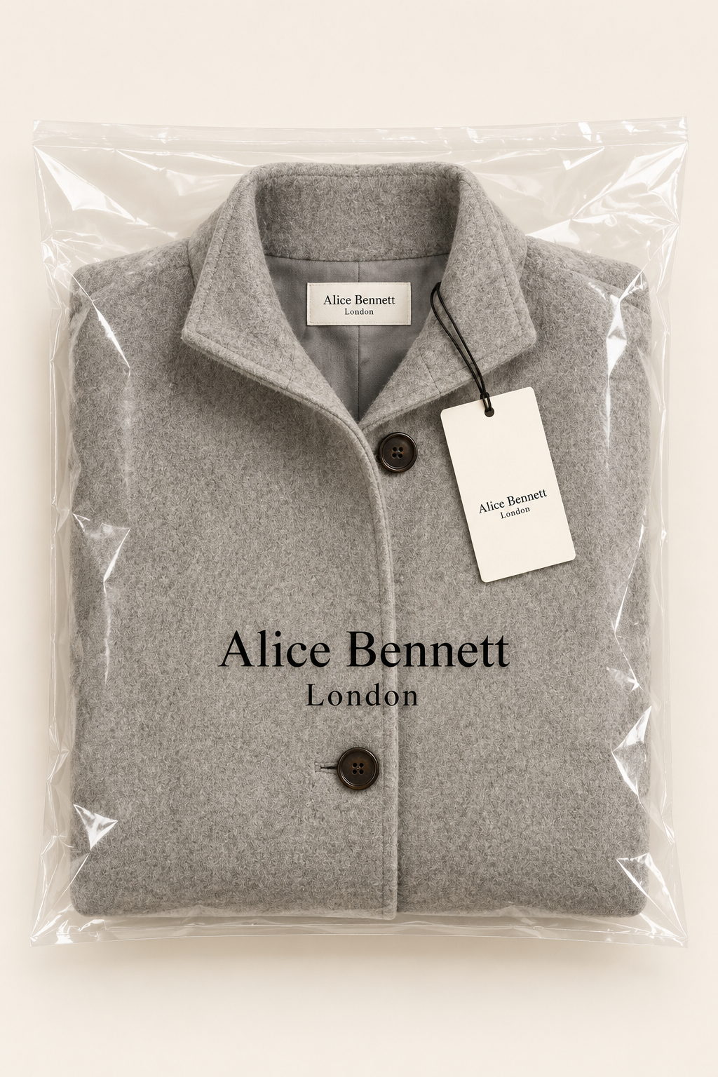 Valentina | High-Collar Button-Front Coat – compactly folded Alice Bennett London packaging