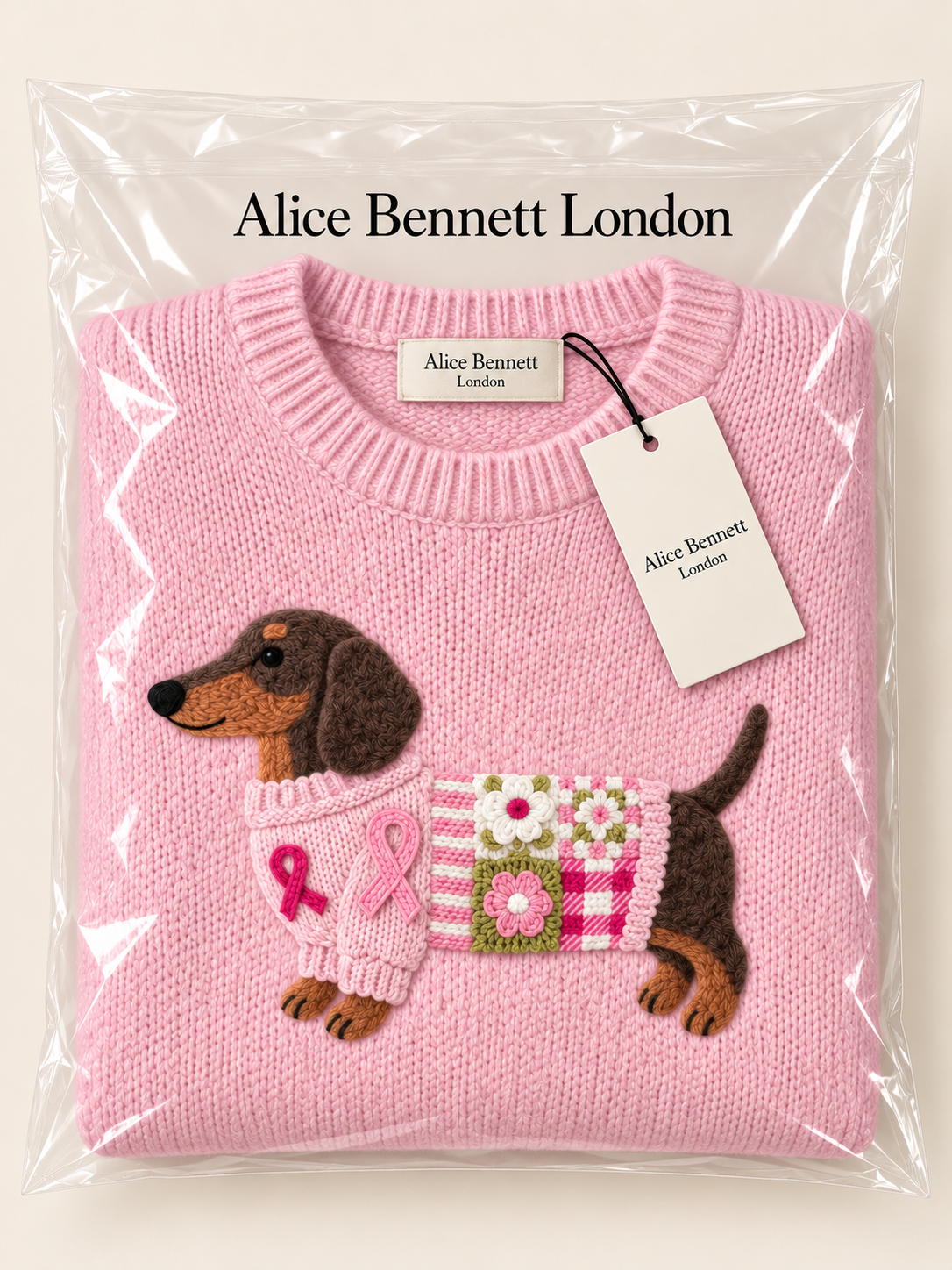 Megan & Rose | Dachshund Knit Jumper – compactly folded Alice Bennett London packaging