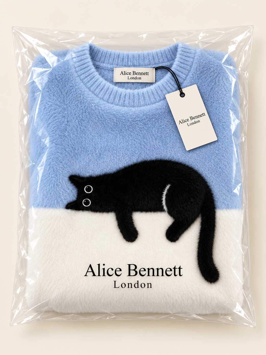 Belinda | Cat-Appliqué Oversized Jumper – compactly folded Alice Bennett London packaging