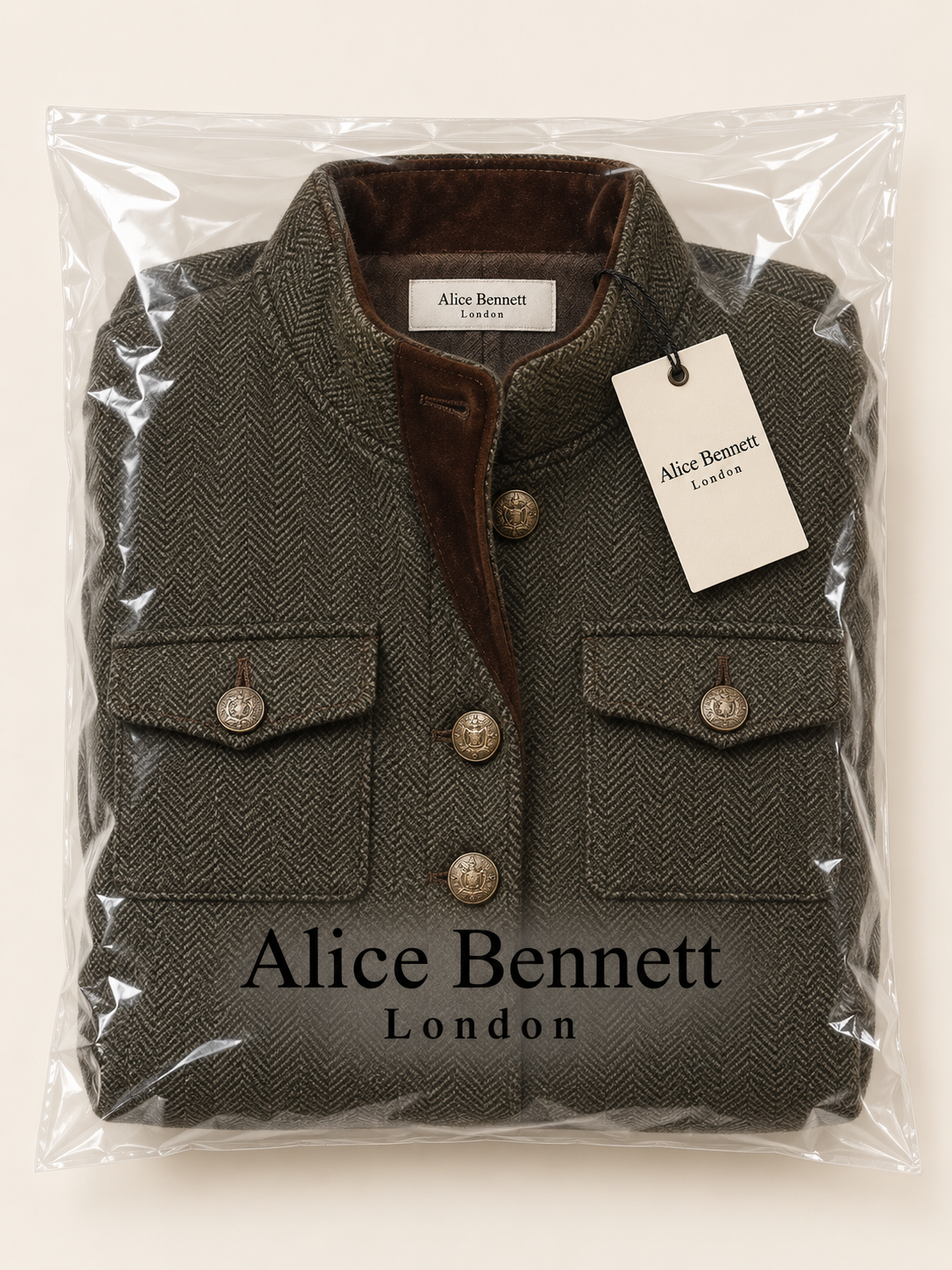 Vivienne | Herringbone Contrast-Trim Jacket – compactly folded Alice Bennett London packaging