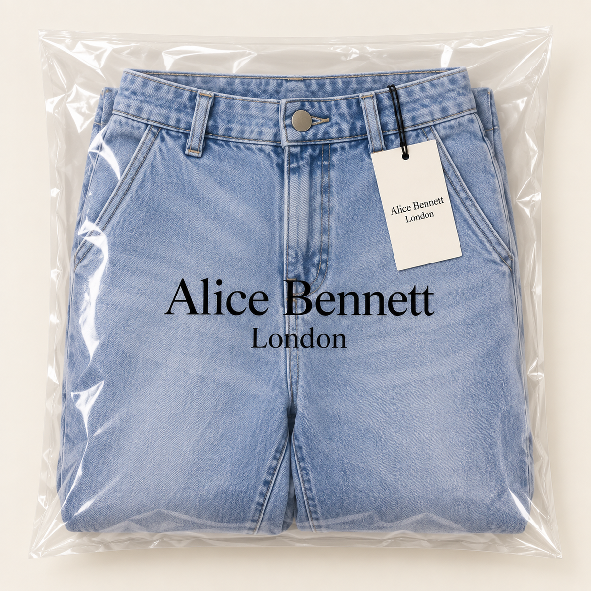 Lumière | High-Waisted Cropped Barrel Jeans – compactly folded Alice Bennett London packaging