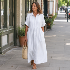 Woman wearing the Alice cotton button shirt dress on a London street