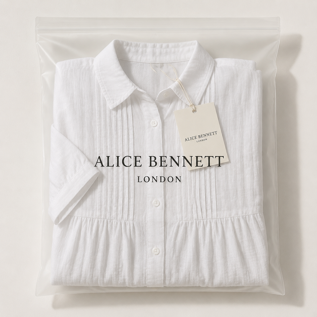 Alice cotton button shirt dress in an Alice Bennett London polyzip bag